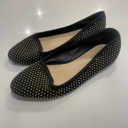 Loeffler Randall Womens Black Flat Shoe With Gold Studs, Size 7