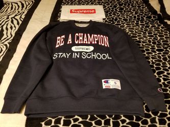 Supreme X Champion Stay In School Crewneck Sweatshirt Navy Size Small