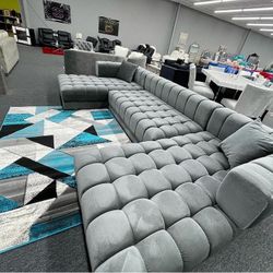 Brand New/ Gray Velvet Double Chaise Sectional, Seccional, Couch// Delivery Available 