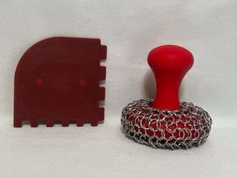 NEW Chainmail Scrubber Cast Iron Skillet Cleaner with Handle and Scraper 2-Piece