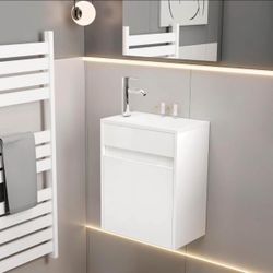 eclife 16" Small Bathroom Vanity Sink Combo, Modern Painted Wall Mounted Floating Cabinet W/Decoration Lines, Resin Basin Sink Top, Chrome Water Save 