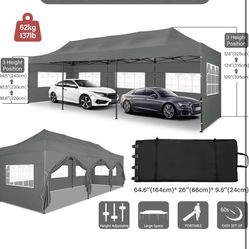 10' x 30' Pop Up Canopy Commercial Heavy Duty Tent Waterproof Outdoor Party Canopies with 8 Removable Sidewalls, Carrying Bag, 4 Stakes, 4 Ropes, Blac
