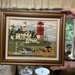 Vintage Wydocki “ Lighthouse Living “ Framed Needlepoint Wall Hanging 