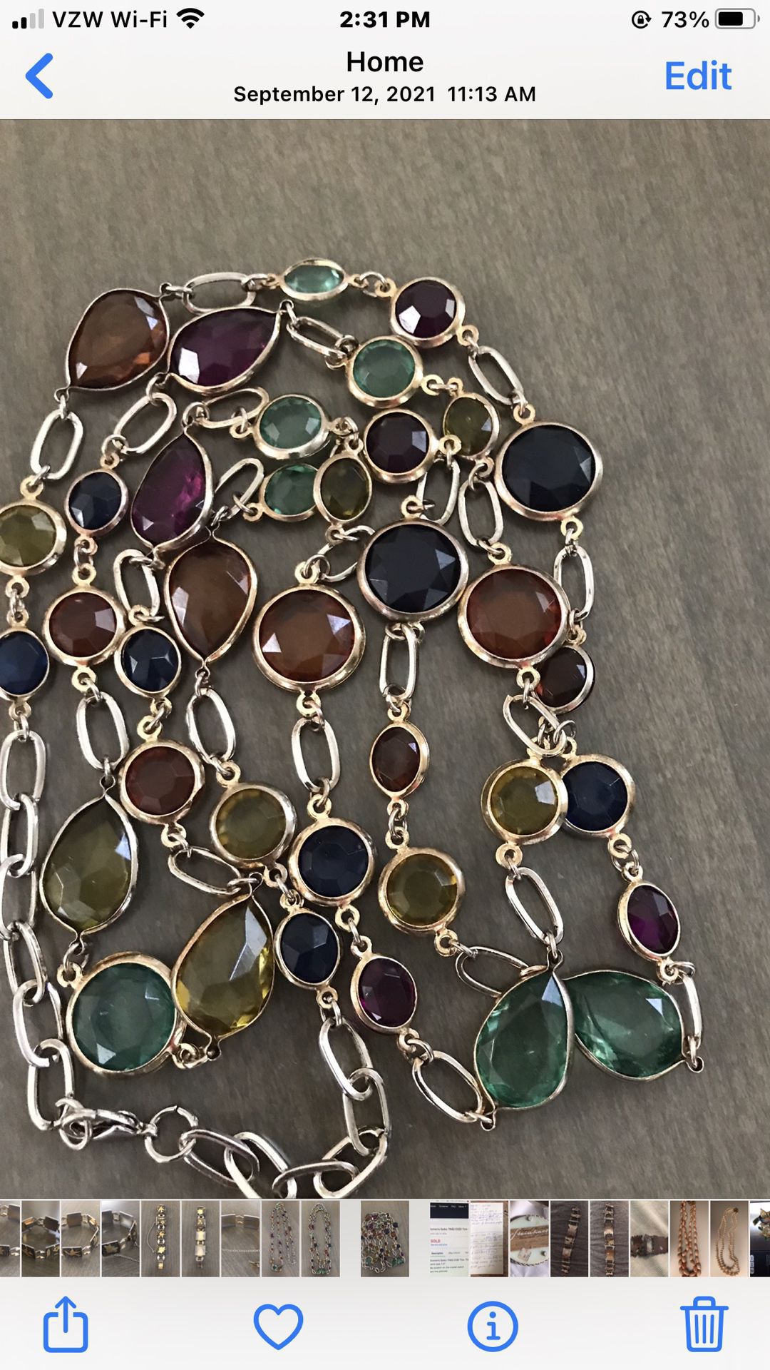 Vintage Bezel Set Multicolor Crystal Link Chain Necklace 44”