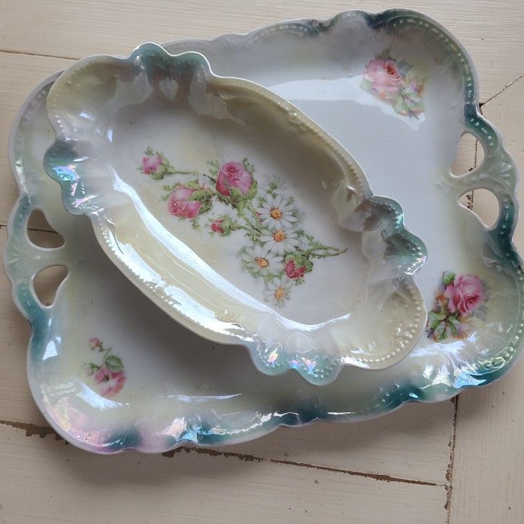 Vintage Double Handle Flower Serving Cake Plate jewelry tray P.K.Silesia oval trinket pickle dish