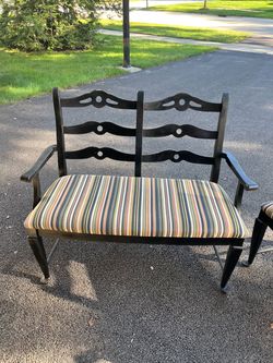 Black Wood Settee Bench with Striped Cushion