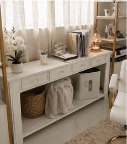 Modern White Console Table – Entryway / Sofa Table with Drawers & Shelf