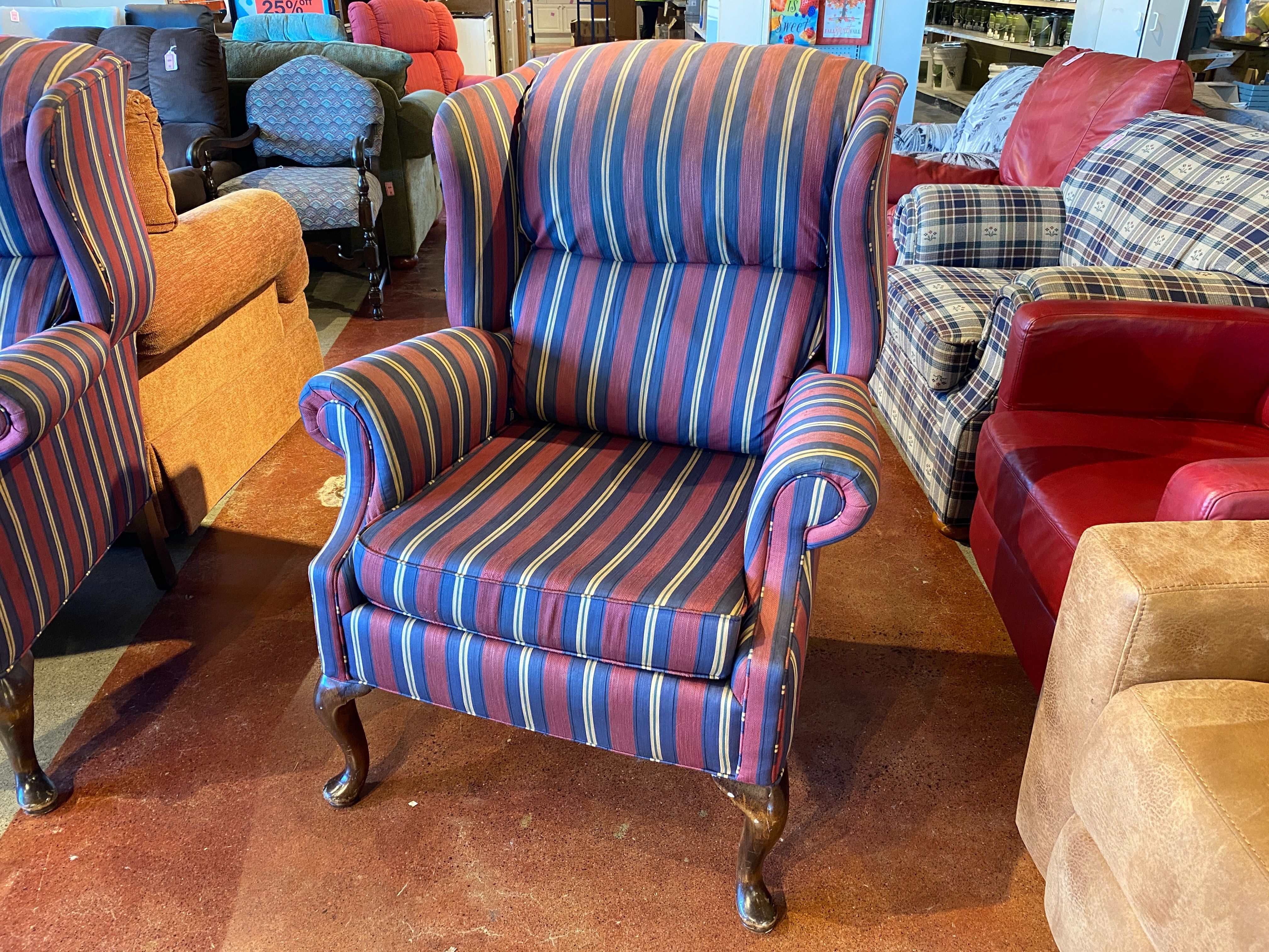 PEMBROOK Blue and Red Striped Wingback Armchair