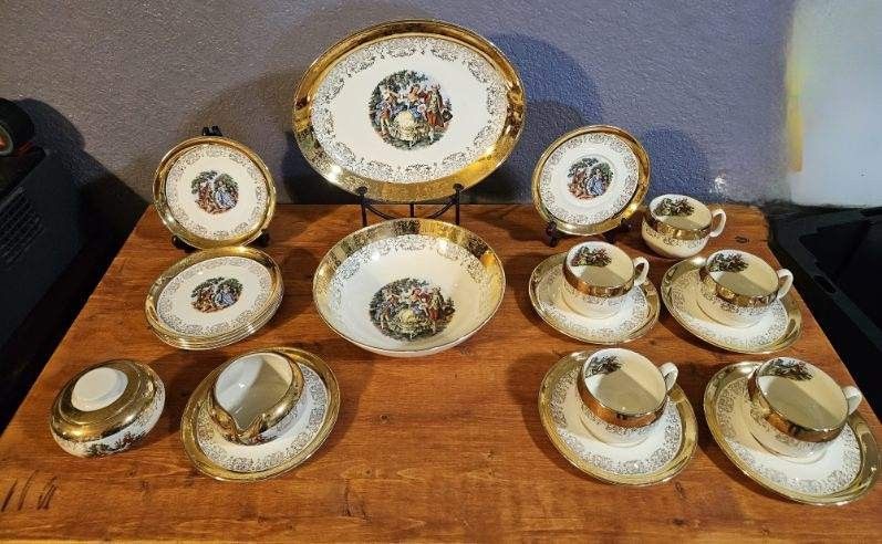 Crest O Gold Sabin 20 Pc Dinning Set Colonial Courting Couple Warranted 22K 1 Platter 1 Serving Bowl Creamer Pitcher & Saucer, Lidded Sugar Bowl, 5x