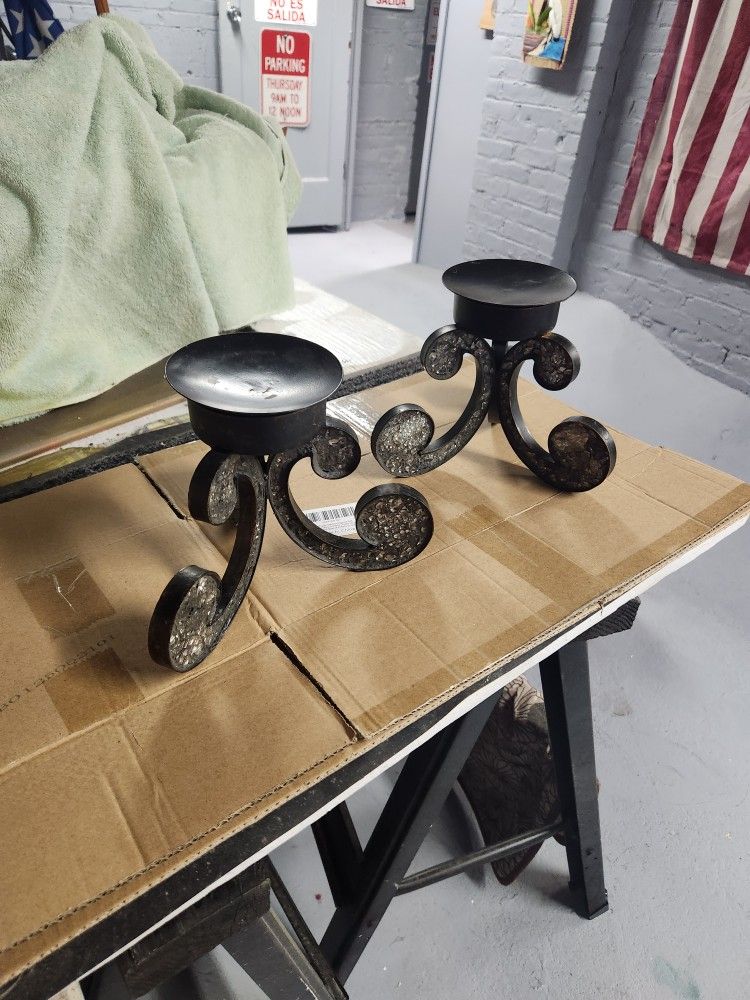 2 Black Ornate Candle Holders With Crystals