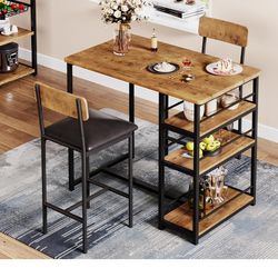 Kitchen Table Set, Dining Table and Chairs for 2 with Storage Shelf, Dining Set with 2 Upholstered Chairs, Bar-Height Dining Set