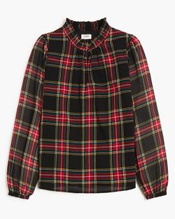 J.Crew Tartan Smocked Keyhole Red Plaid Long Sleeve Blouse Size Petite Small