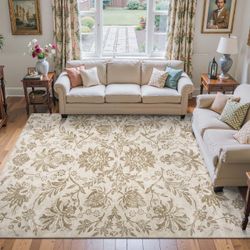 8x10 Nonslip Low Pile Washable Vintage Area Rug, Timeless Taupe Floral, NEW