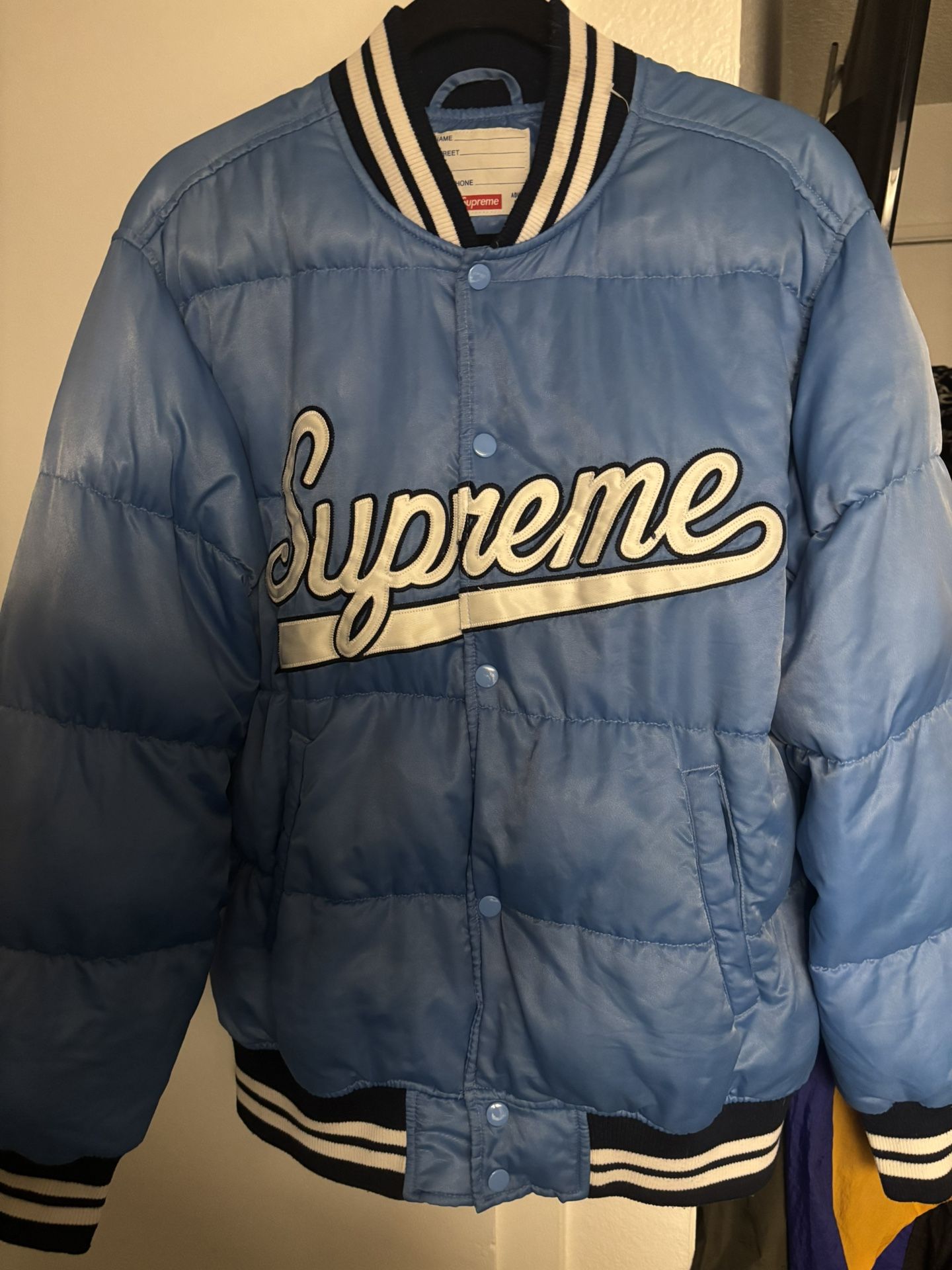 Supreme Blue Varsity Puffy Satin Jacket