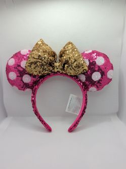 Disney Parks Pink Polka Dot Ears Gold Sequin Bow Minnie Mouse Ears Headband