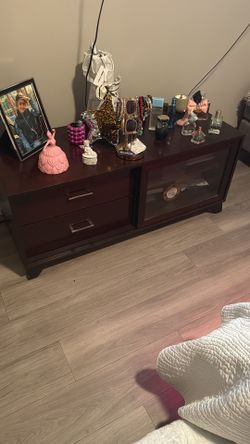 Dark Cherry Wood Dresser with Glass Cabinet