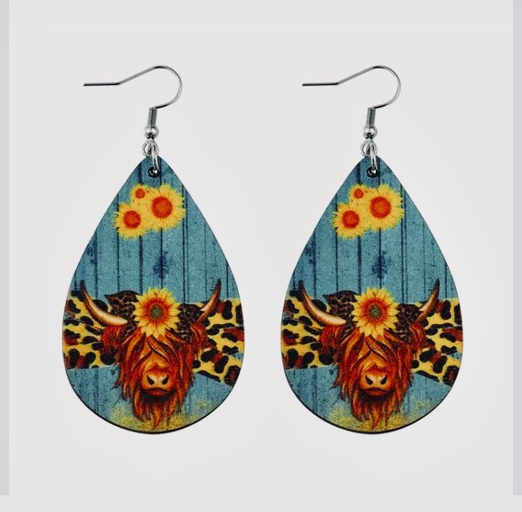 Highland Cow Sunflower Blue Wood Faux Leather Earrings