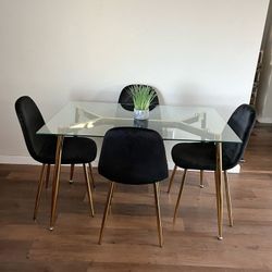 Black Gold Velvet Modern Glass Dining Set 