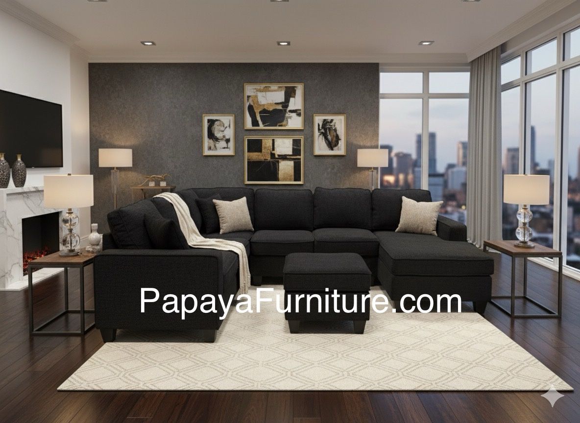 New! Large Sectional Sofa And Ottoman, Reversible Chaise Couch, Sectional, U-shaped Sofa, Sectionals Sofas, Couch,Black Sectional,Chenille Fabric Sofa