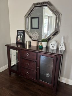 Mirror with glass dark wood console/buffet 3draw