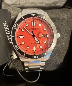 Citizen eco drive silver and orange men’s watch solar powered brand new