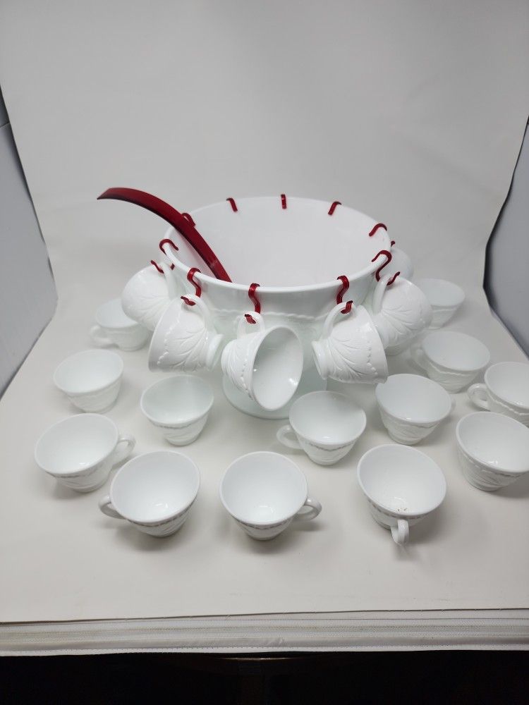 Mid Century Indiana Glass Orleans Punch Bowl Weddings Christmas Baby Shower Original Box 12 Extra Mugs Milk Glass
