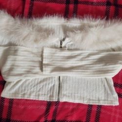 White Long Sleeves Fur Trim Off Shoulders