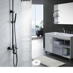 Single Handle Black Nickel Exposed Rain Shower System&Tub Filler Spout Adjustable Height