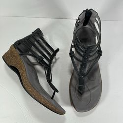 Ahnu Merida Black Leather Strappy Gladiator Low Heel Cork Wedge Sandals 8.5
