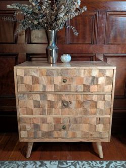 Carved Mango Wood 3-Drawer Dresser / Nightstand – Hand-Carved Front