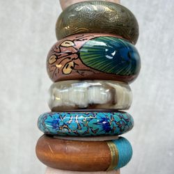 Lot of 6 Vintage Bangle Bracelets – Boho Wood, Resin, Brass, Peacock Design, Hand Painted