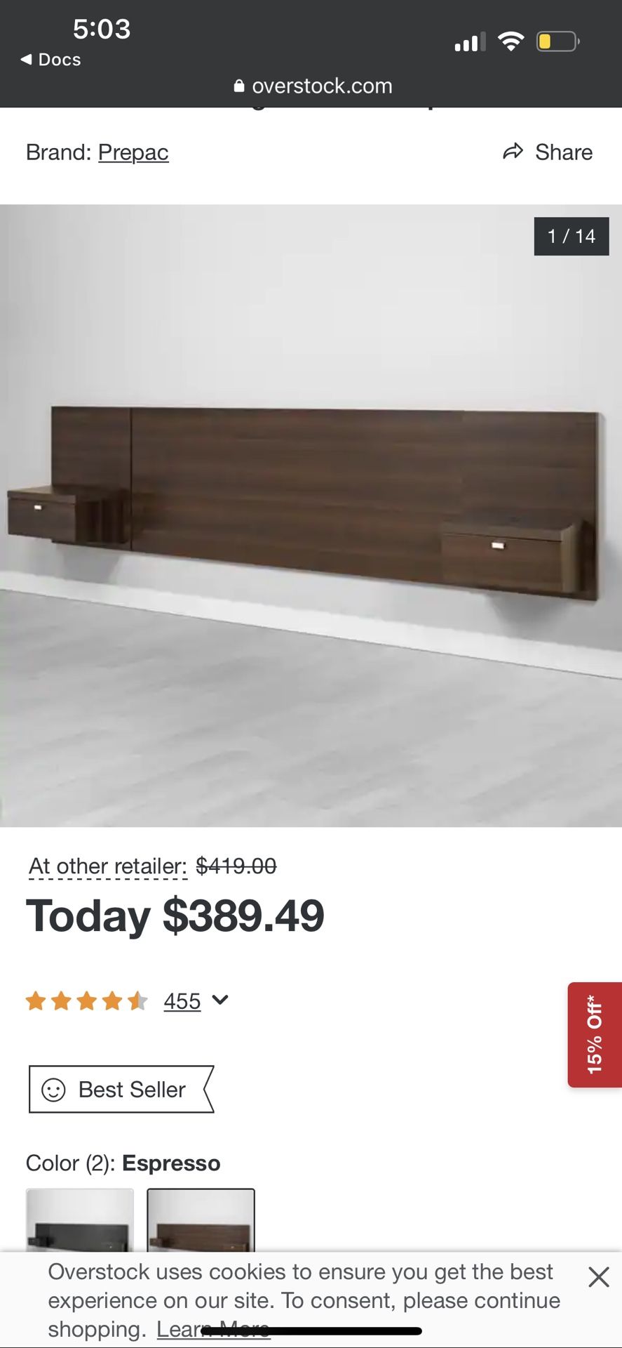 Prepac Series 9 Designer Floating King Headboard with Nightstands.