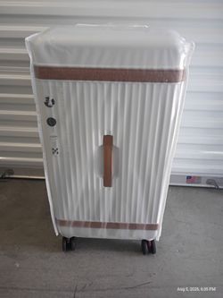 White Checked Hardshell Spinner Luggage Suitcase with cup holder and USB Port