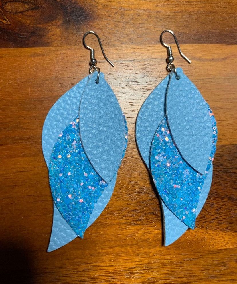 Light Blue Aqua Glitter Faux Leather 3 Layer Hook Dang Drop Earrings