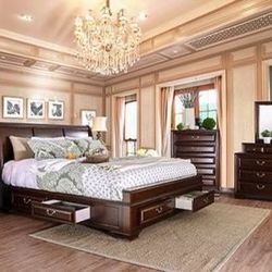 Brand New 4 PC Brown Cherry Wood Bedroom Set with Storage Drawers
