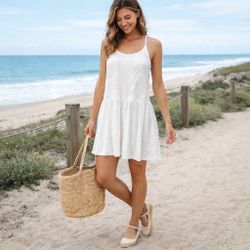 NWT ROXY LaPointe Beaches Embroidered Racerback White Dress M