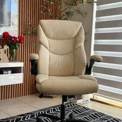 Ergonomic Executive Office Chair - High Back PU Leather Desk Chair with Adjustable Lumbar Support, Soft Padded Seat, Swivel & Rolling Wheels, White.