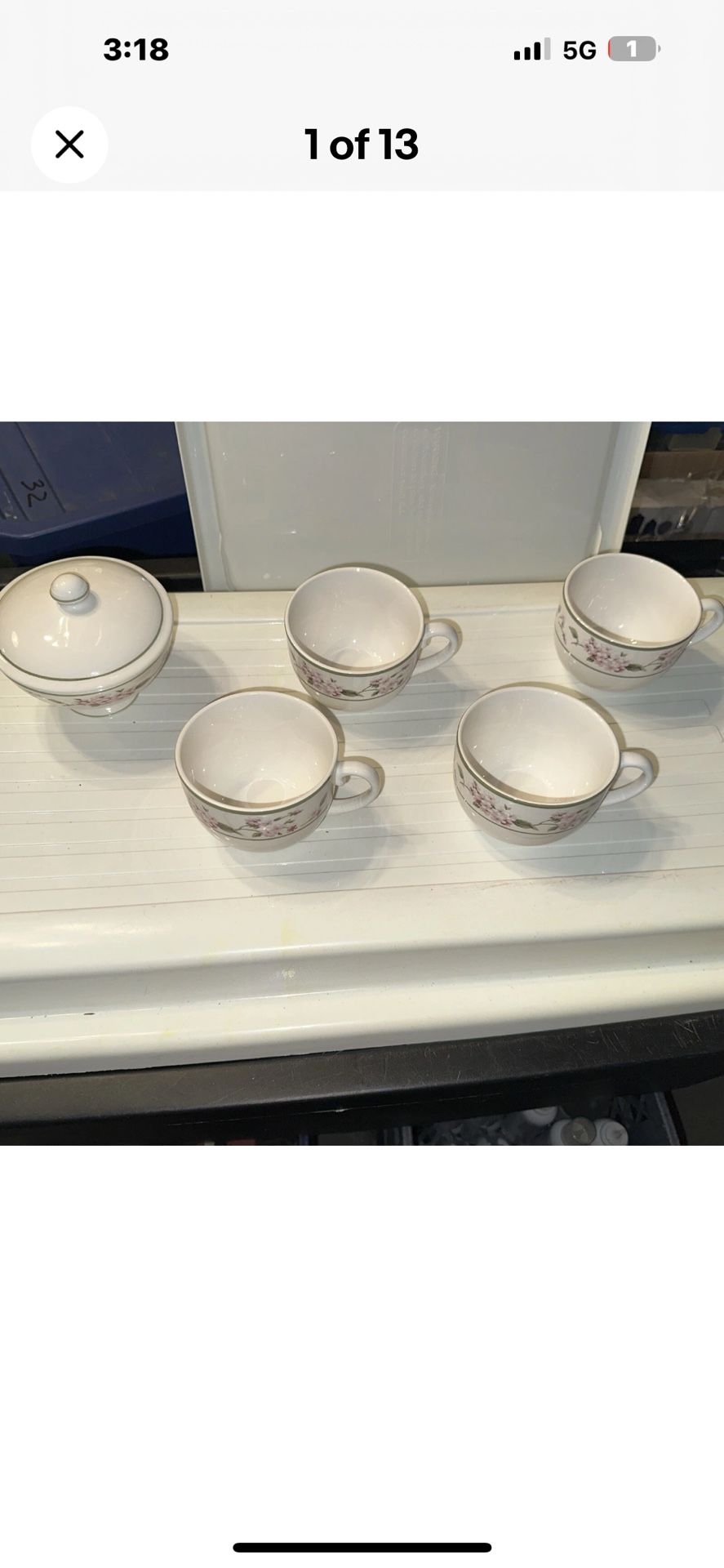 Four Martha Stewart Coffee Cups and Sugar Bowl with Lid