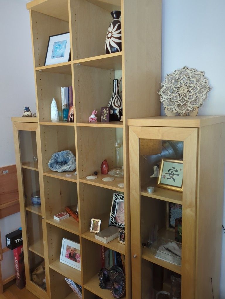 Solid Wood Ikea 3pc Shelving Unit with glass doors