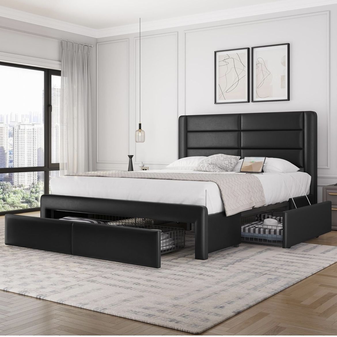 Full Size Bed Frame with 2 USB Charging Stations/Port for Type A&Type C/3 Storage Drawers, Leather Upholstered Platform Bed with Headboard/Solid Wood