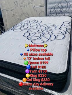 ✨️Mattress✨️
🔹️Pillow top
🔹️All sizes available
🔸️12" inches tall
🟢Queen $199
🔵Full $180
🟣Twin $150
🟡King $330
🟠Cal King $330
🔴Same day deliv