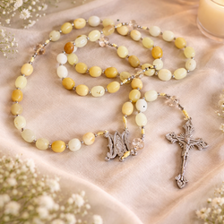 Yellow Jade, Hematite, & Champagne Czech Crystal Rosary