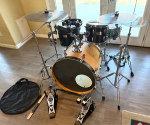 4 piece drum set Pearl Vision snare & 10” 14 Export toms PDP FS birch 22” bass new double pedal cowbell new quite cymbals throne $725 cash in Upland 9