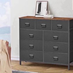 Dresser for Bedroom, Storage Organizer Unit with 9 Fabric Drawers, Chest of Drawers, Steel Frame, for Living Room, Entryway, Rustic Brown