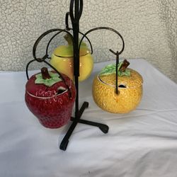 Vintage Japan Fruit Jam Jar Set w/ Stand Apple Orange Strawberry Ceramic Retro