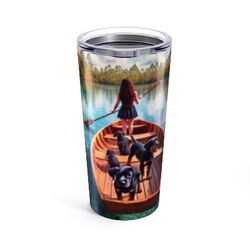 🐾 20oz Insulated Tumbler – Woman Rowing Canoe with Dogs Lake Scene ☕