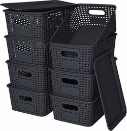 8 Pack Plastic Storage Baskets with Lids for Organization