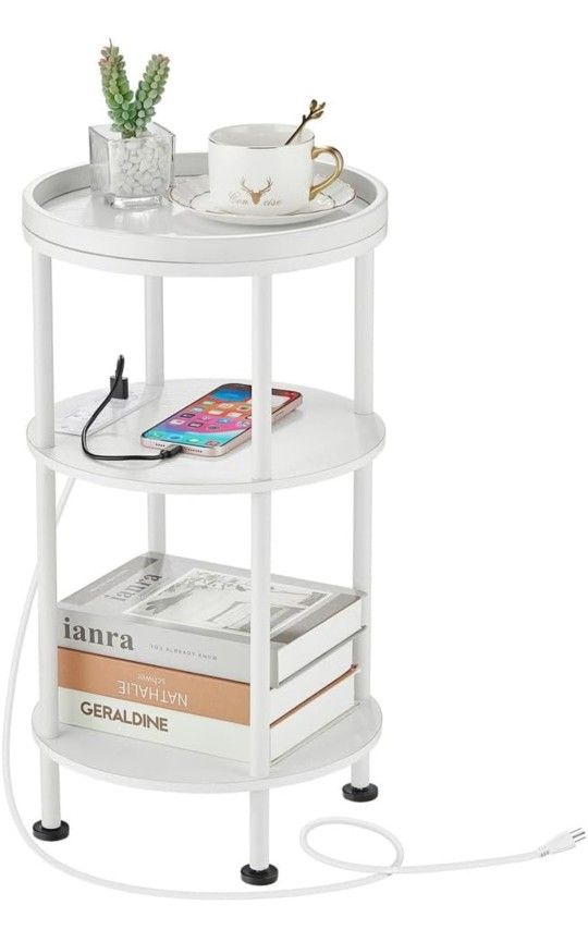 Small Round End Table with Charging Station, 3-Tier Accent Couch Beside Table with USB Ports & Power Outlets, Sofa Side Table for Living Room Small Ni