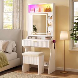 White Fluted Small Vanity Desk with LED Mirror & Stool