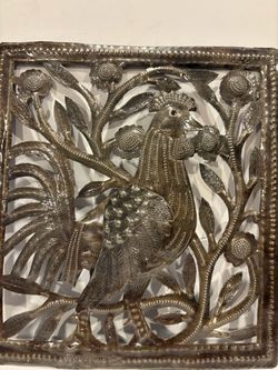 Handmade Square Metal Raised Layered Haitian Wall Art Chicken / Rooster 11” x 12”
